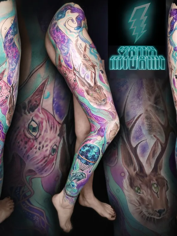 female color illustrative tatuaje en full leg #63410 | Tatuador Яна Мигами