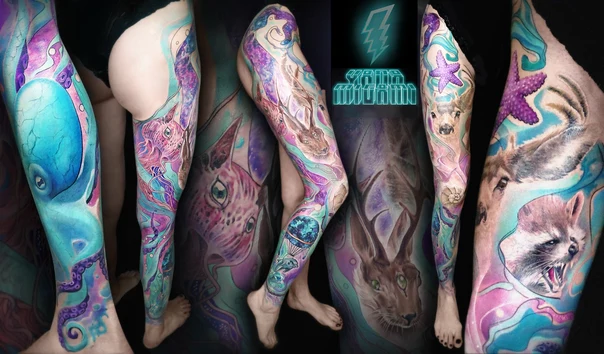 Иллюстративная Octopus, Deer tattoo на Full leg