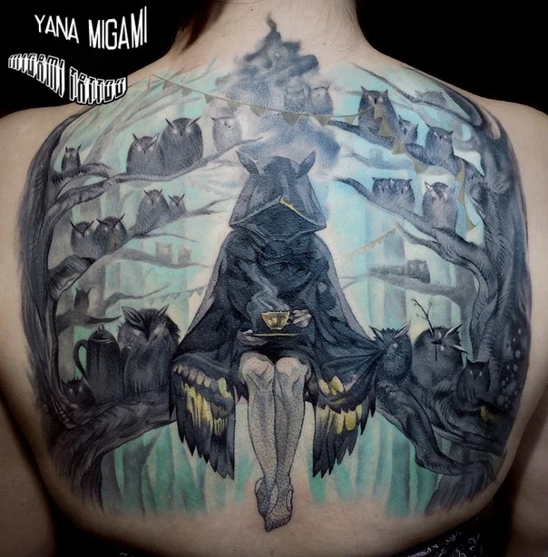 Иллюстративная Owls, Forest tattoo на Спина (полная)