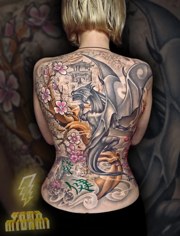 Японская Dragon, Cherry blossoms tattoo на Спина (полная)