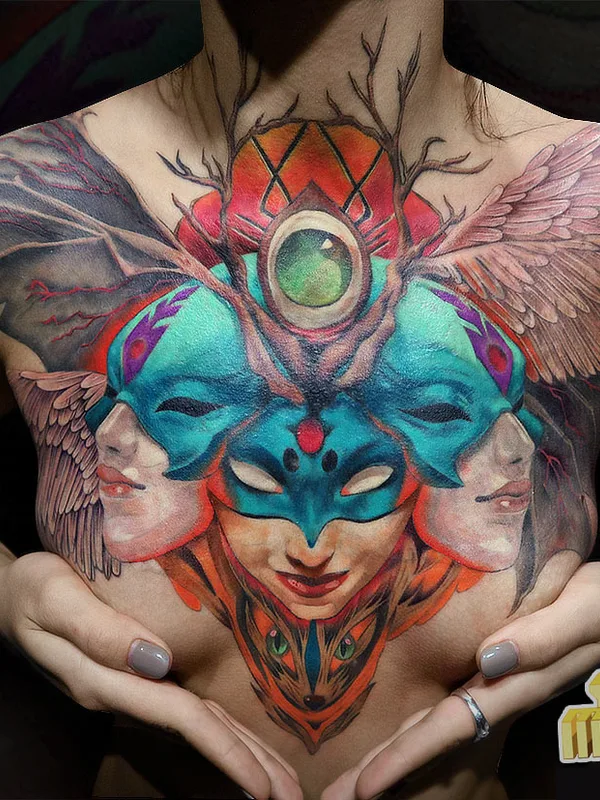 female color illustrative tatuaje en chest #63408 | Tatuador Яна Мигами