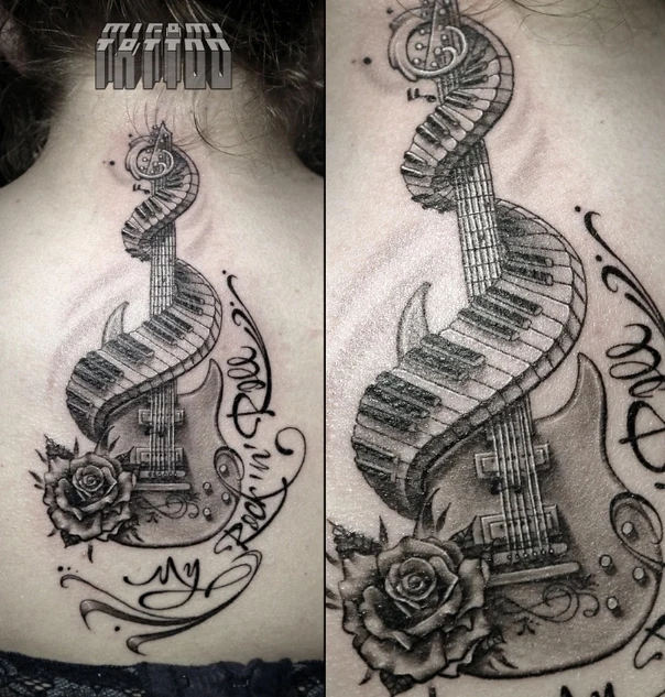 Чёрно-серая Guitar, Piano tattoo на Верхняя часть спины