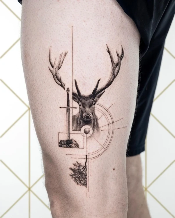 Geometric Deer, Sword tattoo on Thigh