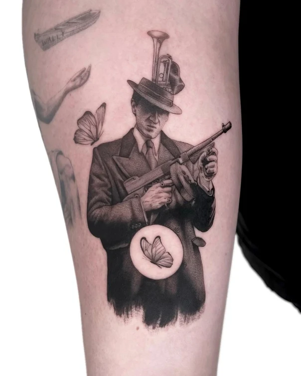 Realism Portrait, Butterfly tattoo on Thigh