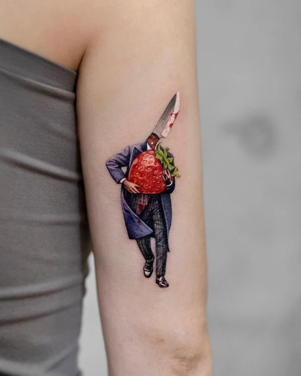 Illustrative Strawberry, Knife tattoo on Forearm