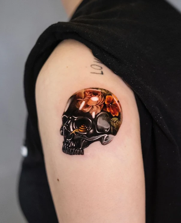 Realism Skull, Flowers tattoo on Shoulder