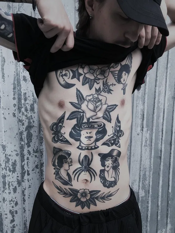 male black and grey blackwork Tatuagem em stomach #63537 | Tatuador Maksim Trad