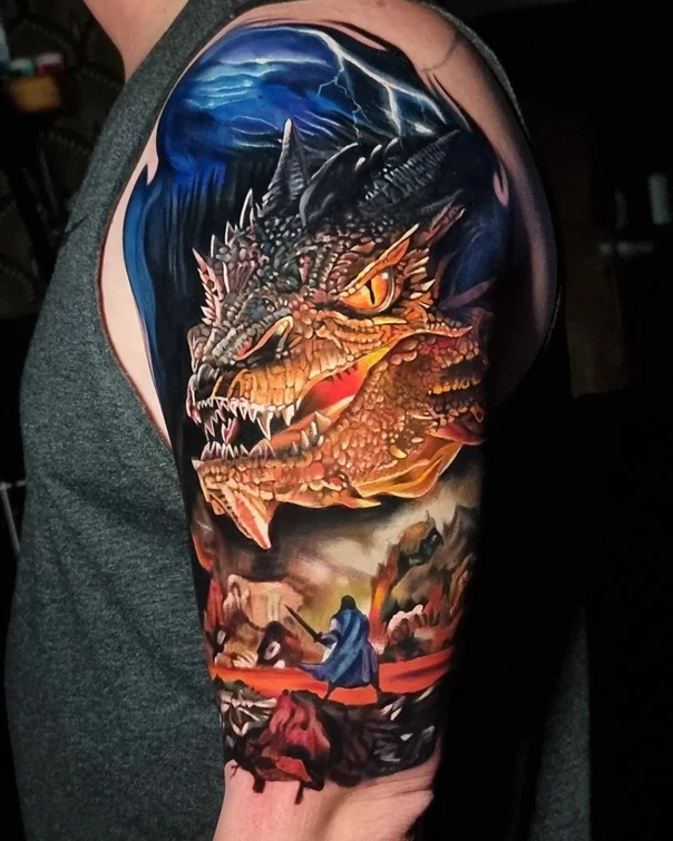 Realism Dragon, Landscape tattoo on Full Sleeve