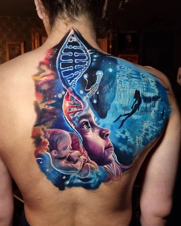 Realism Dna, Baby tattoo on Upper Back
