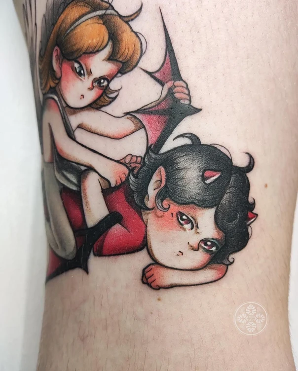 New School Angel, Devil tattoo on Thigh