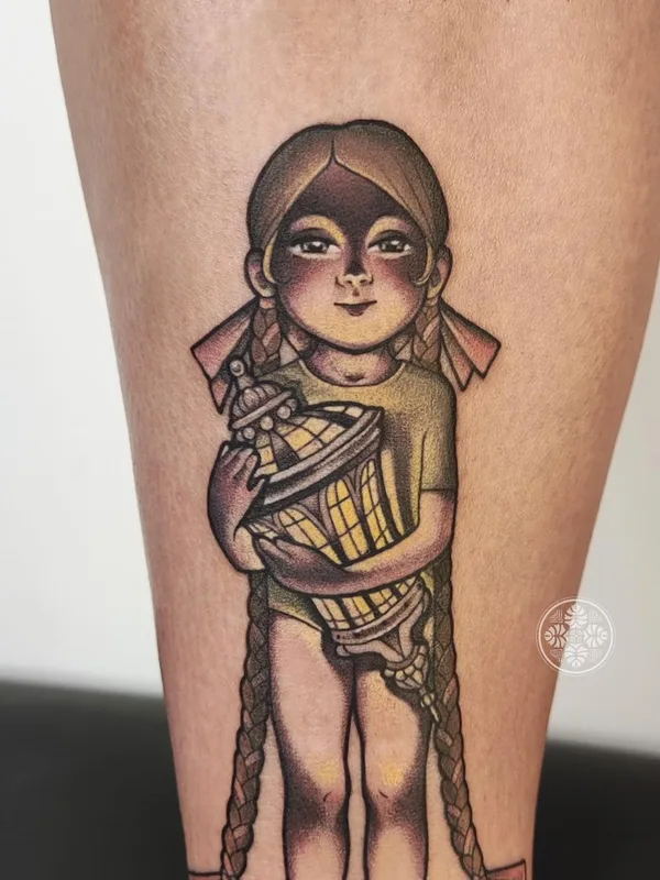 female color illustrative tattoo on calf #63673 | Tattoo Artist Елизавета Мушинская