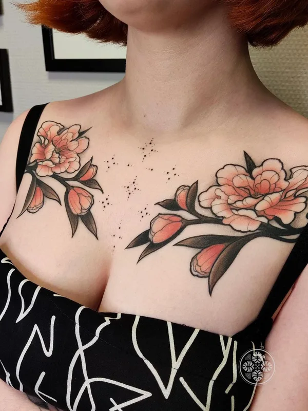 female color botanic tattoo on chest #63669 | Tattoo Artist Елизавета Мушинская