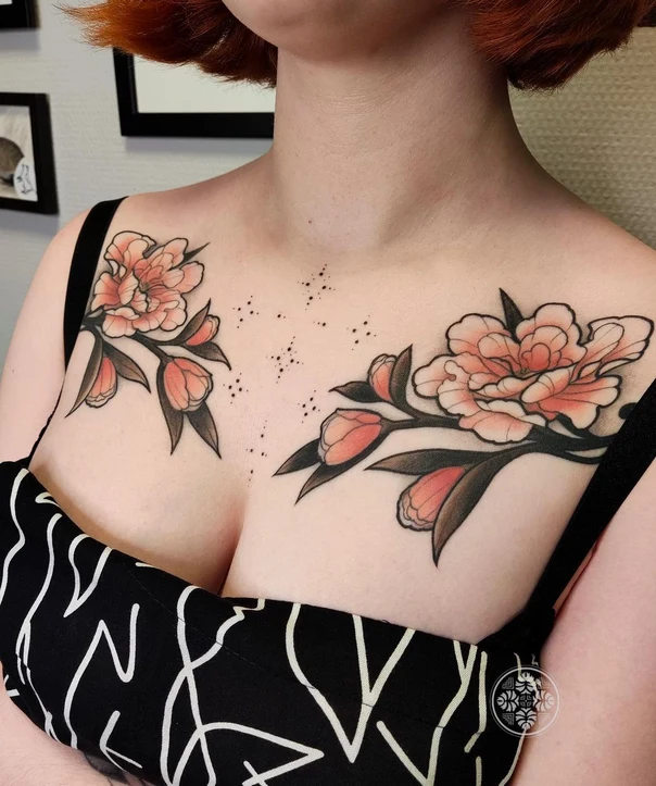 Botanic Flower, Leaves tattoo on Chest