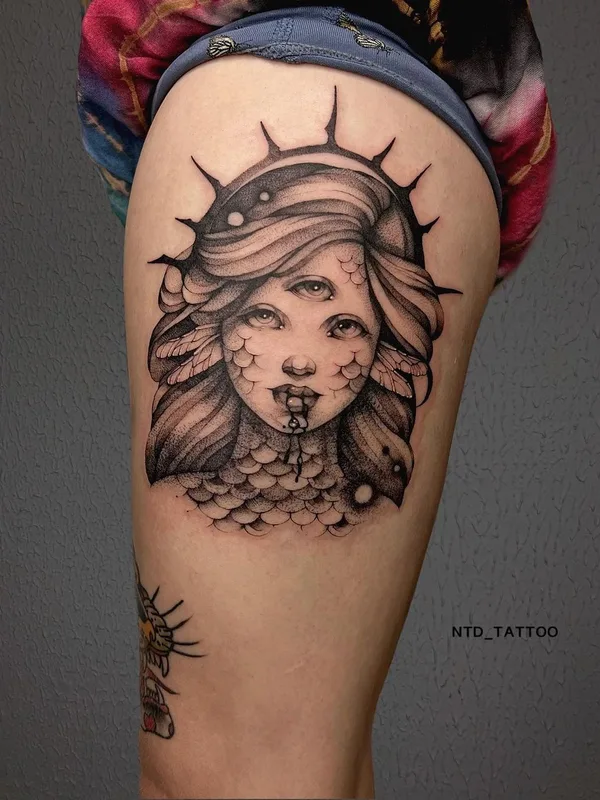 black and grey blackwork Tatuaggio su thigh #63683 | Tatuatore ntd_tattoo
