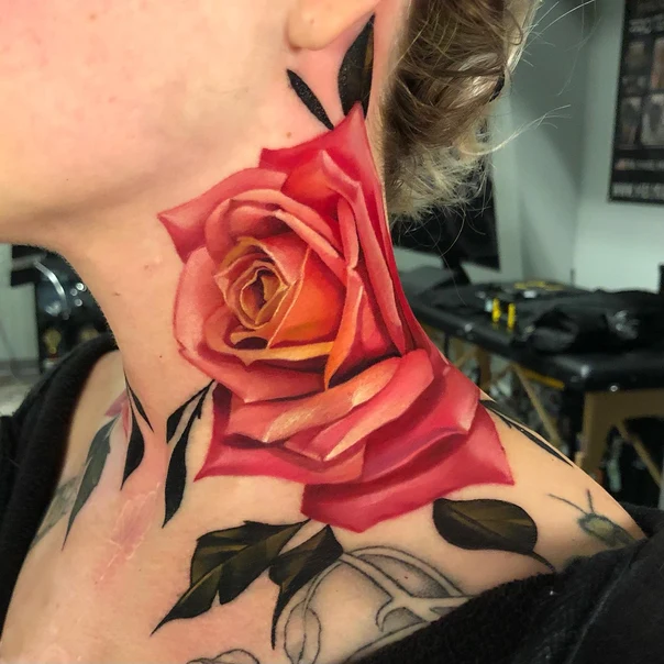 Realism Rose, Leaves tattoo on Neck