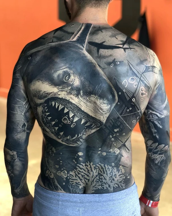 Realism Shark, Ocean tattoo on Full Back