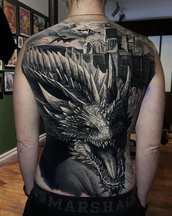 Realism Dragon, Castle tattoo on Full Back