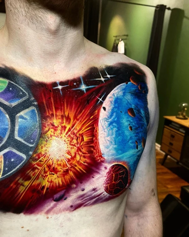 Realism Space, Planets tattoo on Chest