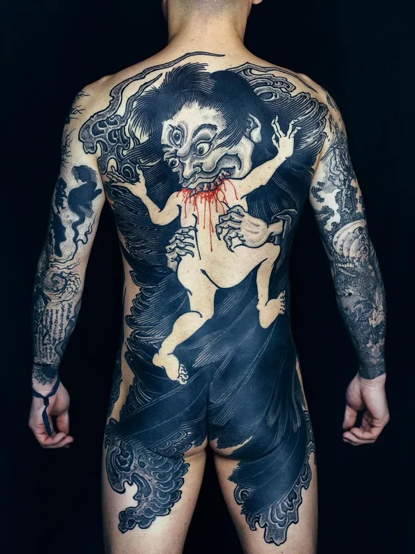 male black and grey japanese 纹身 在 full back #63796 | 纹身师 GANJI
