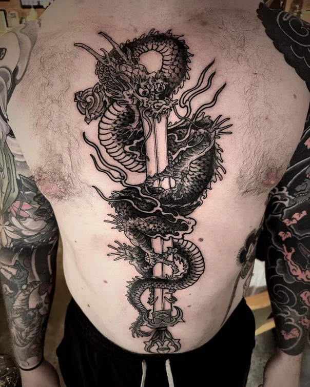 Japanese Dragon, Sword tattoo on Chest