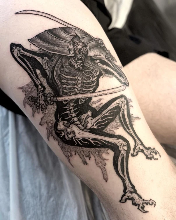 Blackwork Skeleton, Samurai tattoo on Thigh