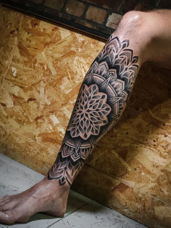 black and grey mandala tattoo on calf #63802 | Tattoo Artist @tommbirchtattoo