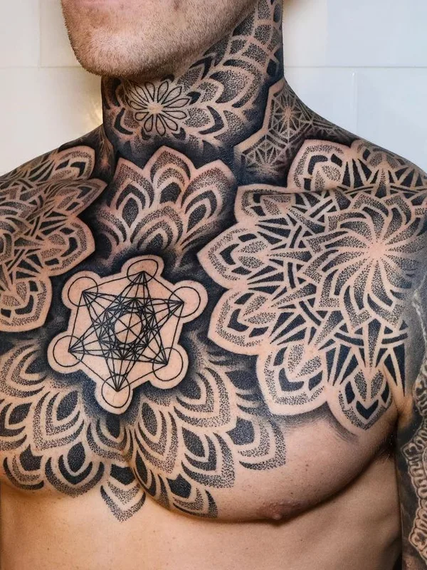 male black and grey blackwork tattoo on chest #63809 | Tattoo Artist @tommbirchtattoo