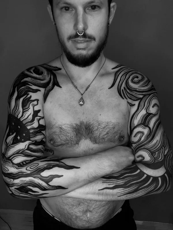 men black blackwork Tatuaggio su sleve, arm #63812 | Tatuatore Marcelo Zissú