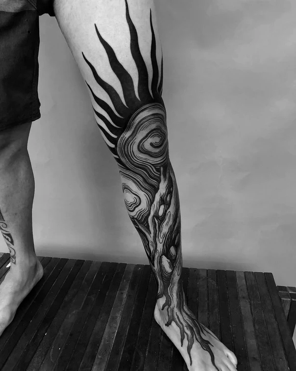 Blackwork Sun, Tree tattoo on Full leg