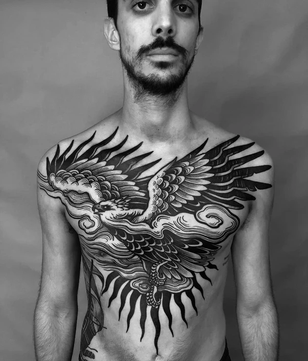 Blackwork Eagle, Clouds tattoo on Chest