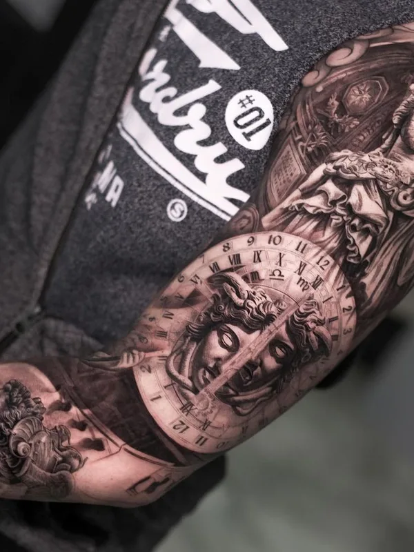 men black&gray realism, engraving Tatuaggio su sleeve, arm #63822 | Tatuatore @claytattoos