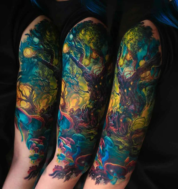 Иллюстративная Tree, Mushrooms tattoo на Полный рукав