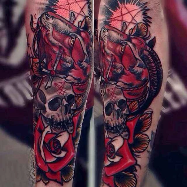 Neo Traditional Skull, Rose tattoo on Forearm