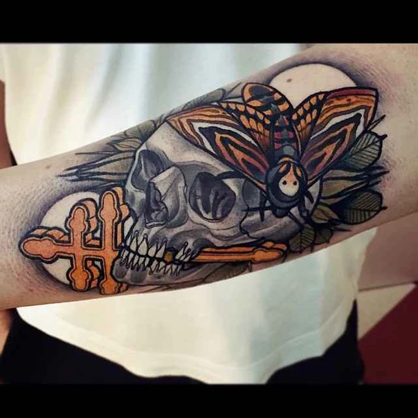 Black & Grey Skull, Moth tattoo on Forearm