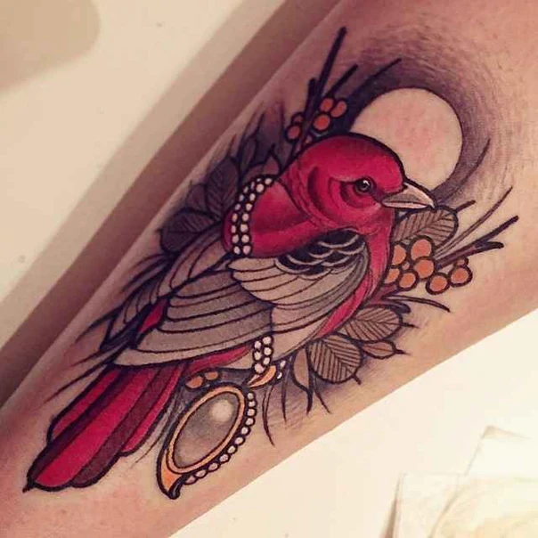Neo Traditional Bird, Botanic tattoo on Forearm