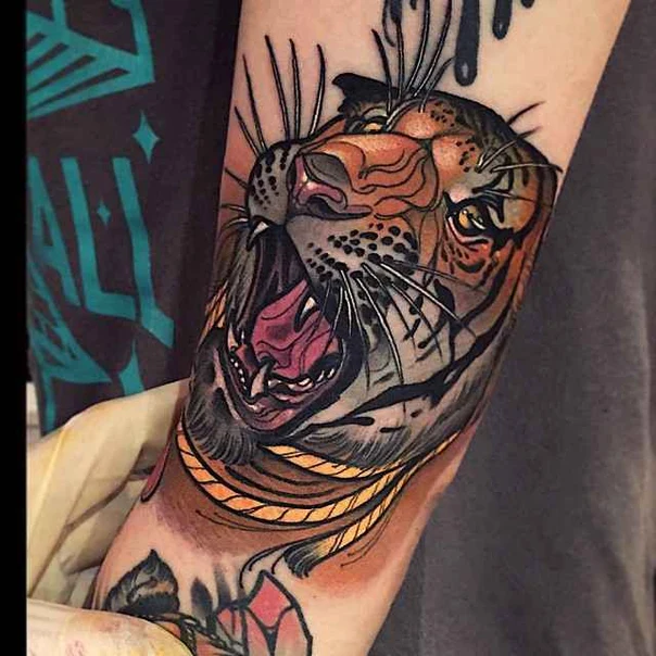 Neo Traditional Tiger, Rope tattoo on Forearm