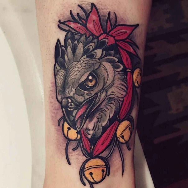 Neo Traditional Owl, Bells tattoo on Calf