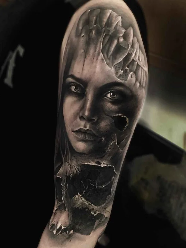 female black and grey realism татуировка на upper arm #7249 | Тату мастер Sam Barber