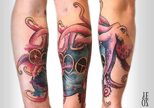 Illustrative Octopus, Diving helmet tattoo on Forearm
