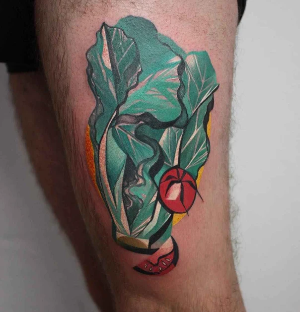 Illustrative Vegetable, Fruit tattoo on Thigh