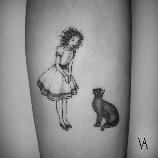 Illustrative Girl, Cat tattoo on Forearm