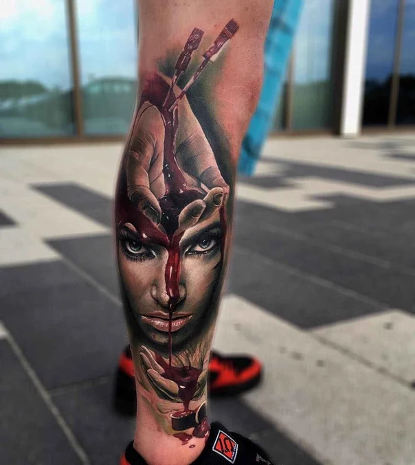 Realism Face, Hands tattoo on Calf