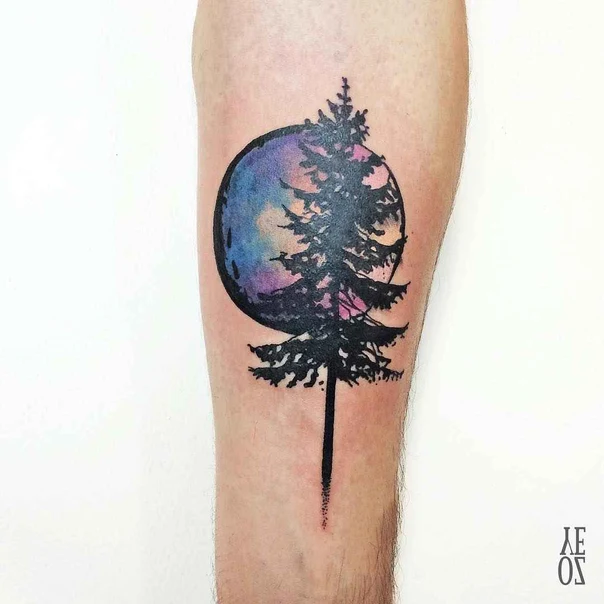 Illustrative Tree, Moon tattoo on Calf