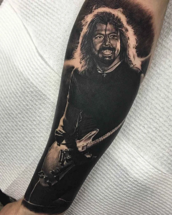 Black & Grey Portrait, Guitar tattoo on Forearm