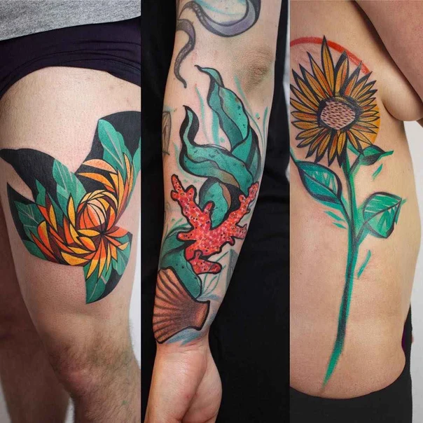 Illustrative Flower, Leaves tattoo on Thigh