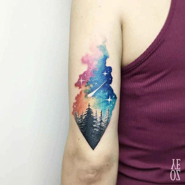Watercolor Forest, Stars tattoo on Forearm