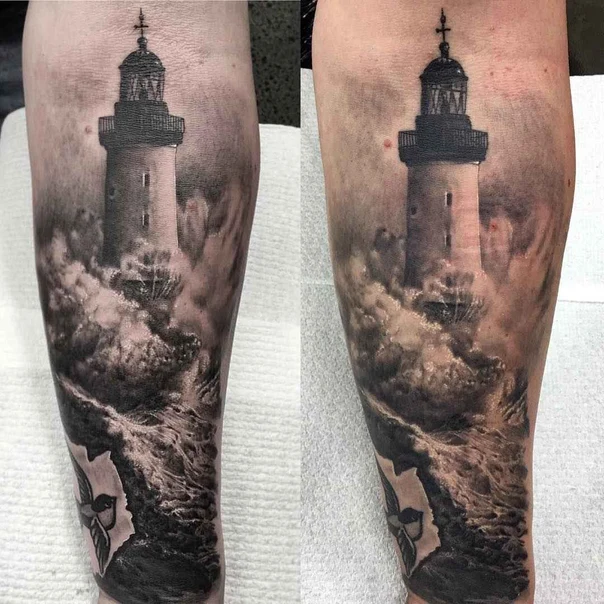 Realism Lighthouse, Waves tattoo on Forearm
