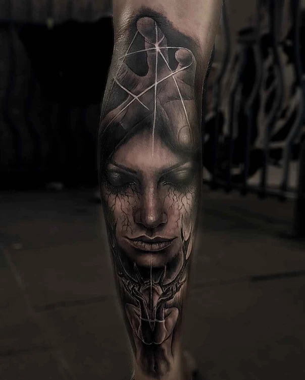 Realism Face, Hand tattoo on Calf