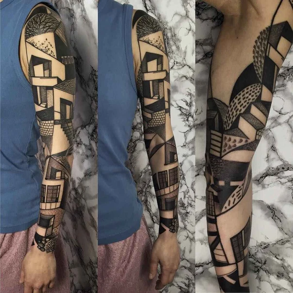 Geometric Architecture, Geometric shapes tattoo on Full Sleeve