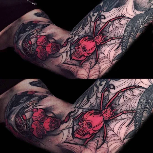 Neo Traditional Skull, Spider tattoo on Forearm